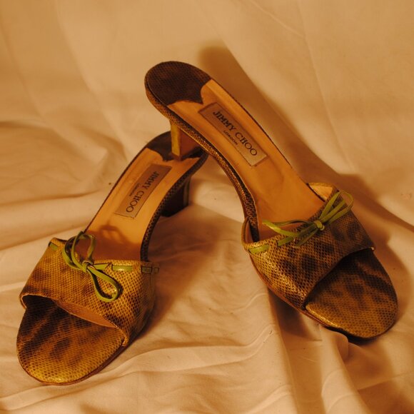 JIMMY CHOO SZ 9 1/2 WOMENS 2IN HEEL LIGHT GREEN SNAKE PRINT OPEN TOE HEELS - Picture 1 of 6